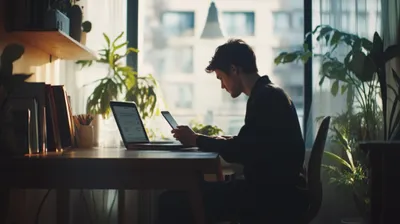 a man sitting at a desk using a laptop