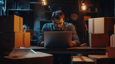 eCommerce merchant sitting in front of a laptop computer on Shopify surrounded by empty boxes