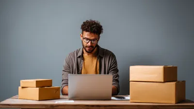 a man sitting in front of a laptop computer surrounded by boxes