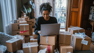 E-commerce merchant sitting on a pile of boxes using a laptop