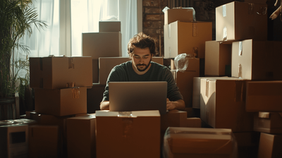 E-Commerce merchant sitting in front of a laptop surrounded by boxes