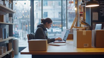 a woman sitting at a table working on a laptop