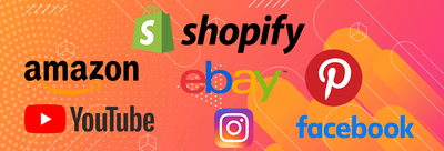 a colorful background with the words shopify, amazon, ebay, facebook,