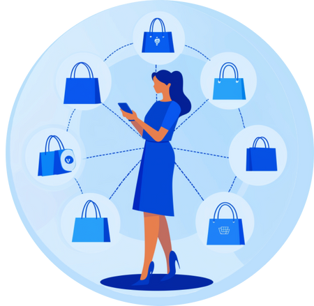 a woman looking at her cell phone surrounded by shopping bags