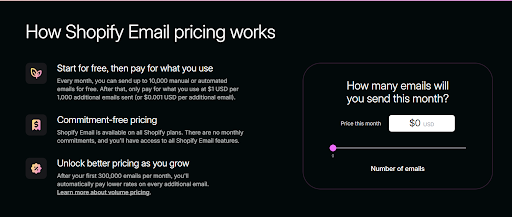 Shopify pricing Screenshot of Shopify email pricing