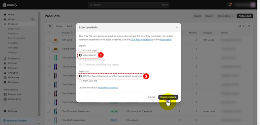 Screenshot of a popup on shopify dashboard, with a button that reads "Export products"