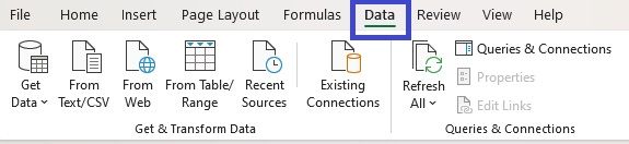 Screenshot to locate the Data tab in Microsoft Excel