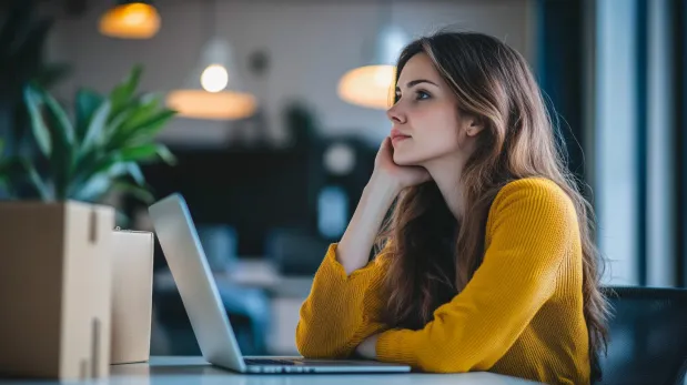 a woman sitting in front of a laptop 