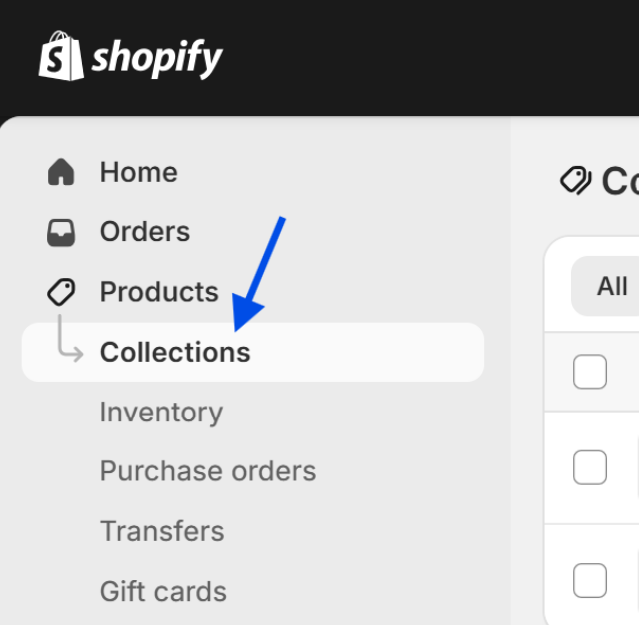Navigate to Collections Screenshot of Shopify admin page