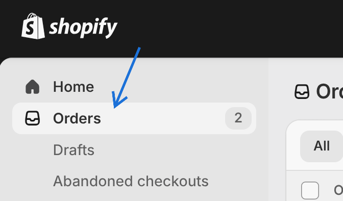 a screenshot of a shopify page with the home orders button highlighted