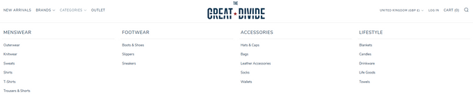 Screenshot of The Great Divide's navigation menu as an example of using Shopify's Basel theme