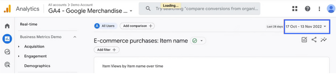 Date Range Screenshot of google analytics dashboard, there's a blue block around the date range