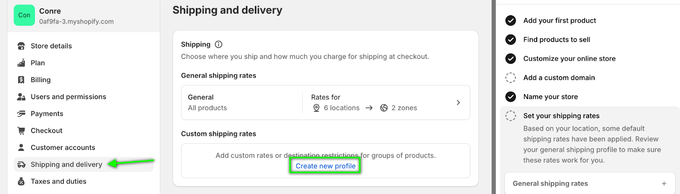 Screenshot of the Shopify admin showing how to add custom shipping rates for product variants