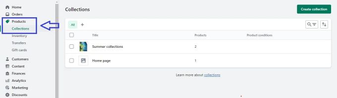 Screenshot of finding products and collection on the Shopify dashboard as part of the process to change the sorting order of products in a collection