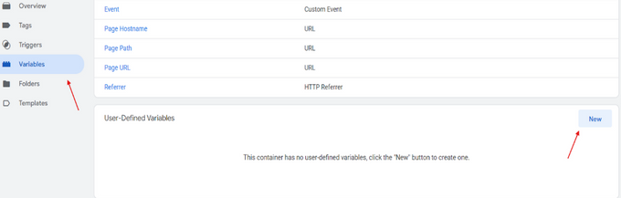 Setup GTM to Accept Events Screenshot with red arrow pointing to Variables