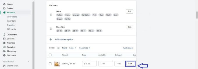 Screenshot of adding SKUs to Shopify product variants