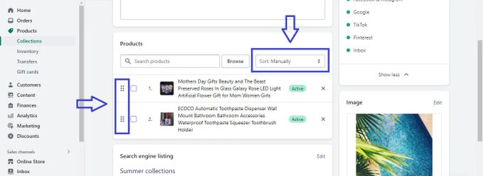 Screenshot of sorting products manually in a Shopify collection