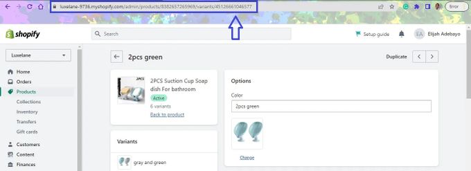 Screenshot of the Shopify store URL to find a product variant ID