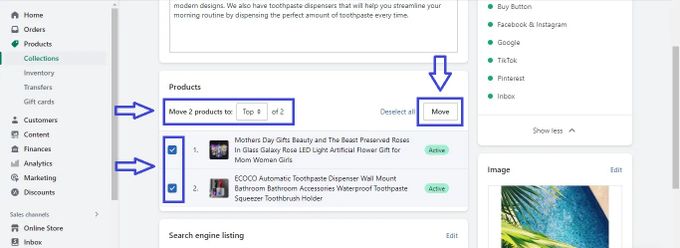 Screenshot of moving selected products in a Shopify collection