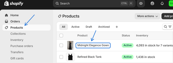 a screenshot of the product section of the shopify website