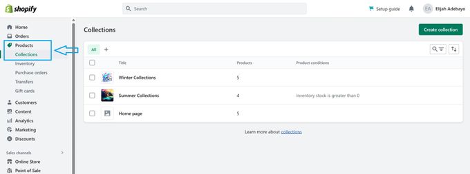 Screenshot of accessing your product collections on Shopify