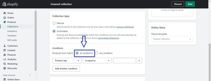 Screenshot to adjust the collection condition as part of the process to change the default sorting order on product pages