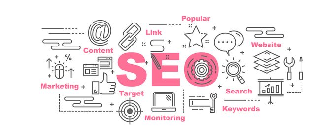 the word seo surrounded by icons and symbols