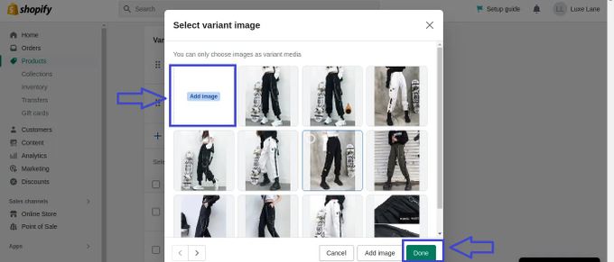 A screenshot of the pop-up menu for adding variant images on Shopify with arrows pointing to the "Add images" and "Done" buttons