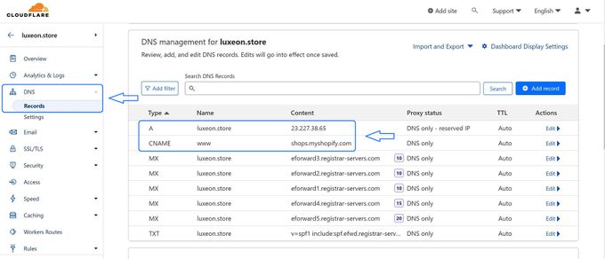 Screenshot of Cloudflare DNS Management settings