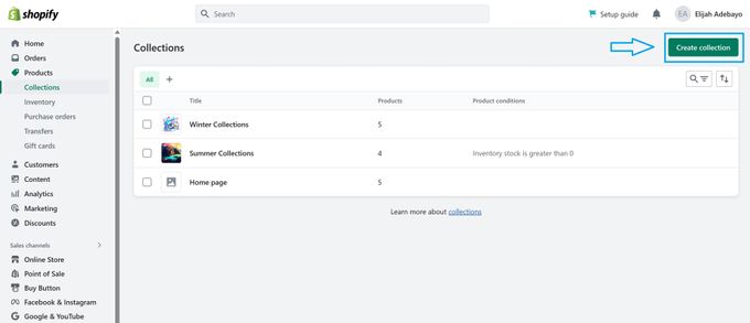 Screenshot of creating a new Shopify collection