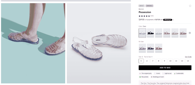 a pair of shoes is shown on a website page, with multiple images