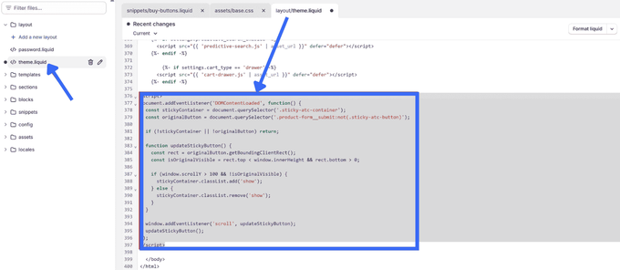 theme.liquid Screenshot that shows to add the theme.liquid code
