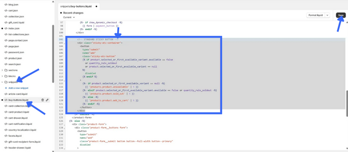 Click Save when done Screenshot to show how to add sticky button code with blue arrows