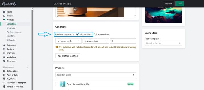 Screenshot of setting your Shopify product conditions
