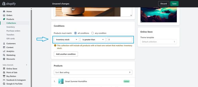 Screenshot of setting your inventory conditions for your Shopify products