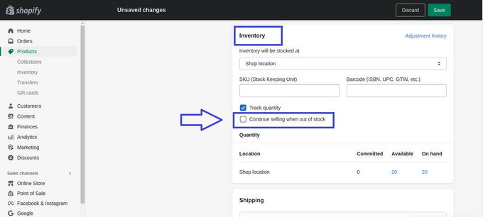 A screenshot of Shopify's product "Inventory" section with a blue arrow pointing to the "