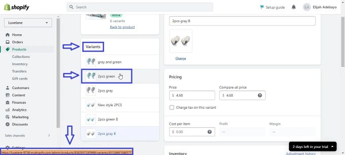 Screenshot of the variant section in a Shopify store where hovering over the relevant variant shows its ID at the bottom of the screen