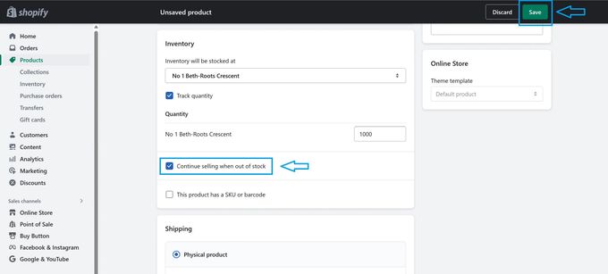 Screenshot of saving the settings you changed on Shopify to sell out-of-stock products