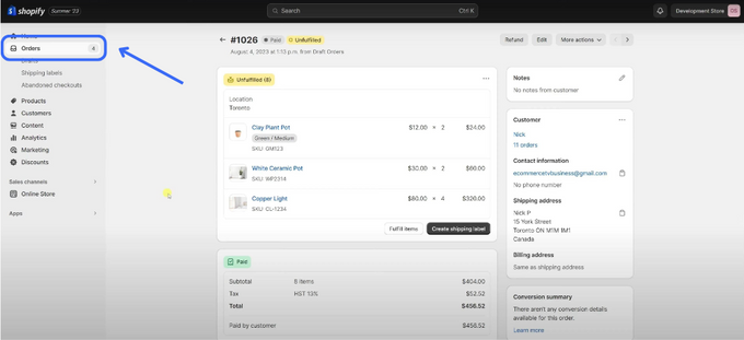 A screenshot showing where to find the Shopify orders tab 