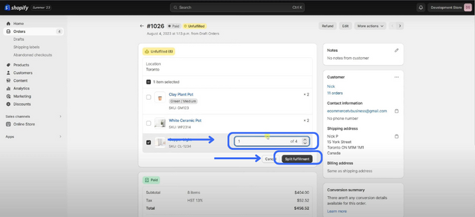 a screenshot highlighting how to split an order on Shopify