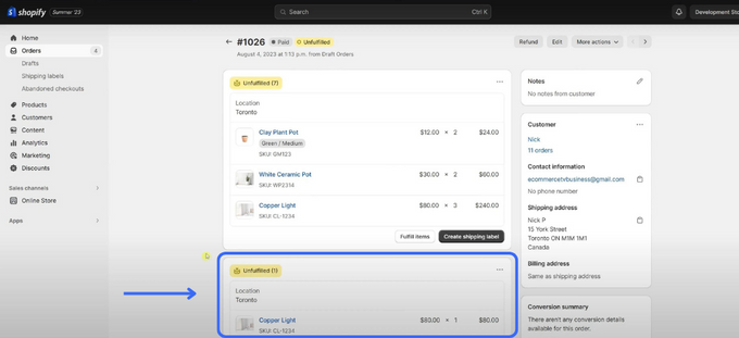a screenshot showing a completed split order on Shopify