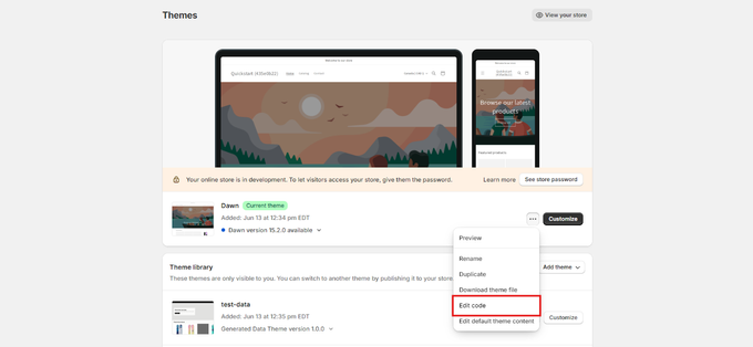 Edit Code a screenshot of shopify webpage showing to click on edit code
