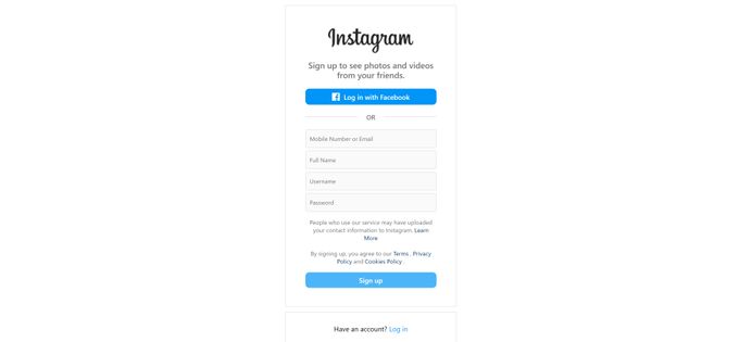 a screen shot of Instagram sign up web page