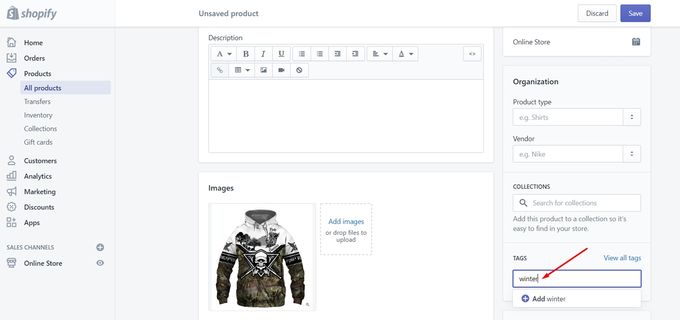 Screenshot of adding product tags to a specific product