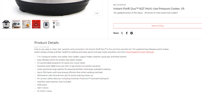 Screenshot of instant pot webpage, showing product details