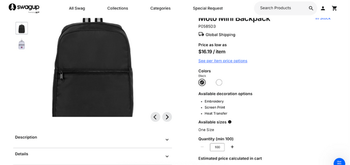 a black backpack is on a website page