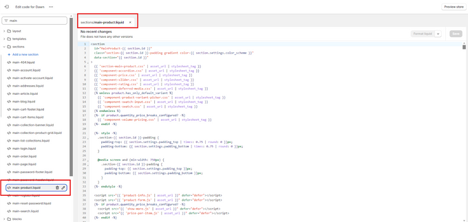 Relevant Section a screenshot of shopify webpage showing to search for code