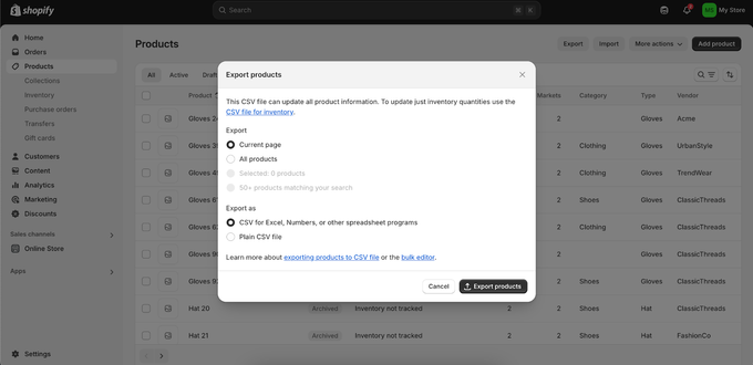 a screenshot of shopify dashboard with a popup and a button bottom right that reads export products
