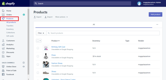 Screenshot of finding Products tab on the Shopify dashboard