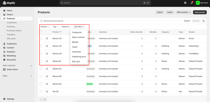 a screenshot of shopify dashboard with a red square around the first 4 data, that reads Gloves